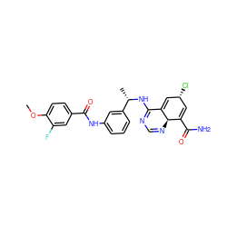 COc1ccc(C(=O)Nc2cccc([C@H](C)NC3=NC=N[C@@H]4C(C(N)=O)=C[C@@H](Cl)C=C34)c2)cc1F ZINC000169700736