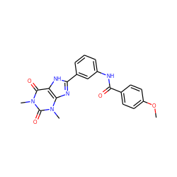 COc1ccc(C(=O)Nc2cccc(-c3nc4c([nH]3)c(=O)n(C)c(=O)n4C)c2)cc1 ZINC000073198710