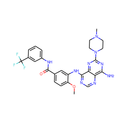 COc1ccc(C(=O)Nc2cccc(C(F)(F)F)c2)cc1Nc1ncnc2c(N)nc(N3CCN(C)CC3)nc12 ZINC000148037120