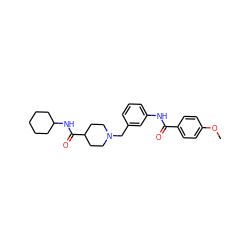 COc1ccc(C(=O)Nc2cccc(CN3CCC(C(=O)NC4CCCCC4)CC3)c2)cc1 ZINC000512364950