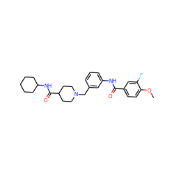 COc1ccc(C(=O)Nc2cccc(CN3CCC(C(=O)NC4CCCCC4)CC3)c2)cc1F ZINC001772620317