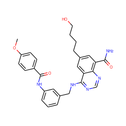 COc1ccc(C(=O)Nc2cccc(CNc3ncnc4c(C(N)=O)cc(CCCCO)cc34)c2)cc1 ZINC000167006474