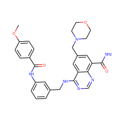 COc1ccc(C(=O)Nc2cccc(CNc3ncnc4c(C(N)=O)cc(CN5CCOCC5)cc34)c2)cc1 ZINC000114345985