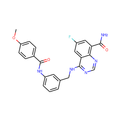 COc1ccc(C(=O)Nc2cccc(CNc3ncnc4c(C(N)=O)cc(F)cc34)c2)cc1 ZINC000114349883