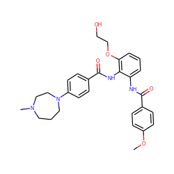 COc1ccc(C(=O)Nc2cccc(OCCO)c2NC(=O)c2ccc(N3CCCN(C)CC3)cc2)cc1 ZINC000003955154