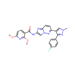 COc1ccc(C(=O)Nc2cn3nc(-c4cn(C)nc4-c4ccc(F)cc4)ccc3n2)c(OC)n1 ZINC001772588426