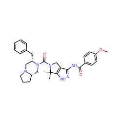 COc1ccc(C(=O)Nc2n[nH]c3c2CN(C(=O)N2C[C@@H]4CCCN4C[C@@H]2Cc2ccccc2)C3(C)C)cc1 ZINC000114183146