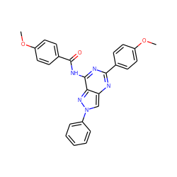 COc1ccc(C(=O)Nc2nc(-c3ccc(OC)cc3)nc3cn(-c4ccccc4)nc23)cc1 ZINC000653777816