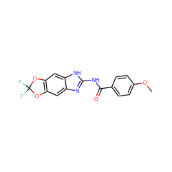 COc1ccc(C(=O)Nc2nc3cc4c(cc3[nH]2)OC(F)(F)O4)cc1 ZINC000211248086