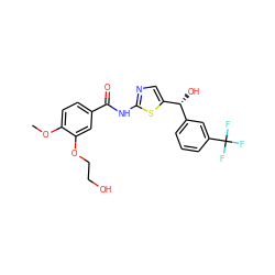 COc1ccc(C(=O)Nc2ncc([C@H](O)c3cccc(C(F)(F)F)c3)s2)cc1OCCO ZINC000043059144