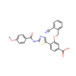 COc1ccc(C(=O)Nc2ncc(-c3ccc(C(=O)O)cc3OCc3ccccc3C#N)s2)cc1 ZINC000653699960