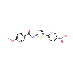 COc1ccc(C(=O)Nc2ncc(-c3ccc(C(=O)O)cn3)s2)cc1 ZINC000653688505