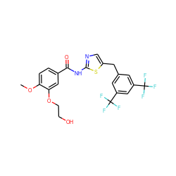 COc1ccc(C(=O)Nc2ncc(Cc3cc(C(F)(F)F)cc(C(F)(F)F)c3)s2)cc1OCCO ZINC000043120389