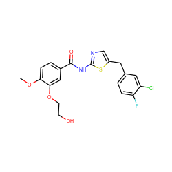 COc1ccc(C(=O)Nc2ncc(Cc3ccc(F)c(Cl)c3)s2)cc1OCCO ZINC000043020587