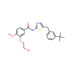 COc1ccc(C(=O)Nc2ncc(Cc3cccc(C(C)(C)C)c3)s2)cc1OCCO ZINC000043076722