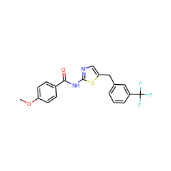 COc1ccc(C(=O)Nc2ncc(Cc3cccc(C(F)(F)F)c3)s2)cc1 ZINC000008021086