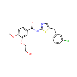 COc1ccc(C(=O)Nc2ncc(Cc3cccc(Cl)c3)s2)cc1OCCO ZINC000043120159