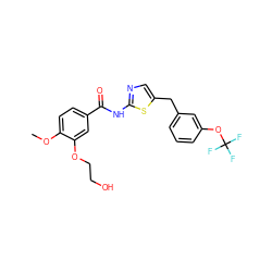 COc1ccc(C(=O)Nc2ncc(Cc3cccc(OC(F)(F)F)c3)s2)cc1OCCO ZINC000043019873