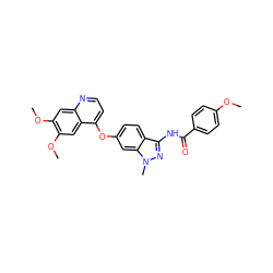 COc1ccc(C(=O)Nc2nn(C)c3cc(Oc4ccnc5cc(OC)c(OC)cc45)ccc23)cc1 ZINC000040872620