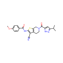 COc1ccc(C(=O)Nc2sc3c(c2C#N)CCN(C(=O)c2cc(C(C)C)n[nH]2)C3)cc1 ZINC000299861189