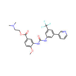 COc1ccc(C(=O)OCCN(C)C)cc1NC(=O)Nc1cc(-c2cccnc2)cc(C(F)(F)F)c1 ZINC000473146122