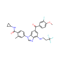 COc1ccc(C(=O)c2cc(NCCC(F)(F)F)c3ncn(-c4ccc(C(=O)NC5CC5)c(C)c4)c3c2)cc1F ZINC000147652679