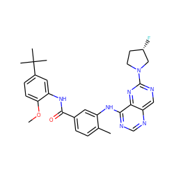 COc1ccc(C(C)(C)C)cc1NC(=O)c1ccc(C)c(Nc2ncnc3cnc(N4CC[C@H](F)C4)nc23)c1 ZINC000148233075