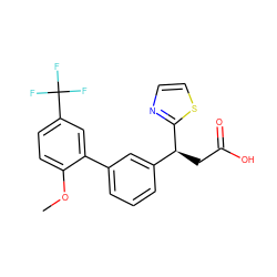 COc1ccc(C(F)(F)F)cc1-c1cccc([C@H](CC(=O)O)c2nccs2)c1 ZINC001772614864