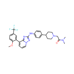 COc1ccc(C(F)(F)F)cc1-c1cccn2nc(Nc3ccc(C4CCN(CC(=O)N(C)C)CC4)cc3)nc12 ZINC000096169838