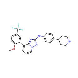 COc1ccc(C(F)(F)F)cc1-c1cccn2nc(Nc3ccc(C4CCNCC4)cc3)nc12 ZINC000096169837