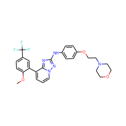 COc1ccc(C(F)(F)F)cc1-c1cccn2nc(Nc3ccc(OCCN4CCOCC4)cc3)nc12 ZINC000096169763