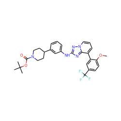 COc1ccc(C(F)(F)F)cc1-c1cccn2nc(Nc3cccc(C4CCN(C(=O)OC(C)(C)C)CC4)c3)nc12 ZINC000096169761