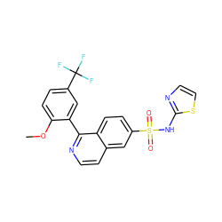 COc1ccc(C(F)(F)F)cc1-c1nccc2cc(S(=O)(=O)Nc3nccs3)ccc12 ZINC000206101681