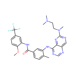 COc1ccc(C(F)(F)F)cc1NC(=O)c1ccc(C)c(Nc2ncnc3cnc(N(C)CCN(C)C)nc23)c1 ZINC000148204185