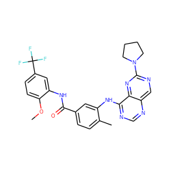 COc1ccc(C(F)(F)F)cc1NC(=O)c1ccc(C)c(Nc2ncnc3cnc(N4CCCC4)nc23)c1 ZINC000148223740