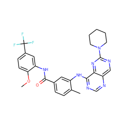 COc1ccc(C(F)(F)F)cc1NC(=O)c1ccc(C)c(Nc2ncnc3cnc(N4CCCCC4)nc23)c1 ZINC000148222227