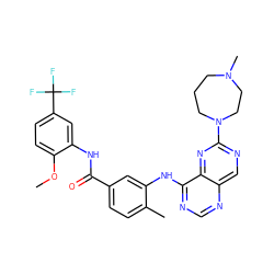COc1ccc(C(F)(F)F)cc1NC(=O)c1ccc(C)c(Nc2ncnc3cnc(N4CCCN(C)CC4)nc23)c1 ZINC000148199806