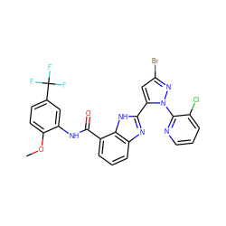 COc1ccc(C(F)(F)F)cc1NC(=O)c1cccc2nc(-c3cc(Br)nn3-c3ncccc3Cl)[nH]c12 ZINC000653827947