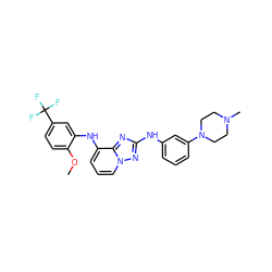 COc1ccc(C(F)(F)F)cc1Nc1cccn2nc(Nc3cccc(N4CCN(C)CC4)c3)nc12 ZINC000096169795