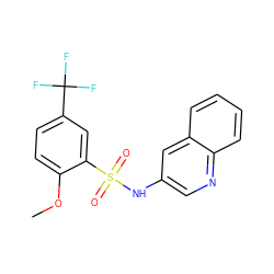 COc1ccc(C(F)(F)F)cc1S(=O)(=O)Nc1cnc2ccccc2c1 ZINC000220897125