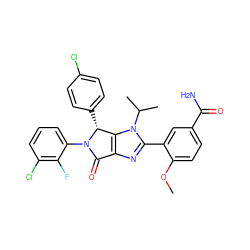 COc1ccc(C(N)=O)cc1-c1nc2c(n1C(C)C)[C@@H](c1ccc(Cl)cc1)N(c1cccc(Cl)c1F)C2=O ZINC000169705669