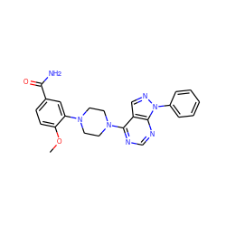 COc1ccc(C(N)=O)cc1N1CCN(c2ncnc3c2cnn3-c2ccccc2)CC1 ZINC000207257761