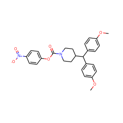 COc1ccc(C(c2ccc(OC)cc2)C2CCN(C(=O)Oc3ccc([N+](=O)[O-])cc3)CC2)cc1 ZINC000049762409