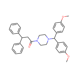 COc1ccc(C(c2ccc(OC)cc2)N2CCN(C(=O)CC(c3ccccc3)c3ccccc3)CC2)cc1 ZINC000038662794