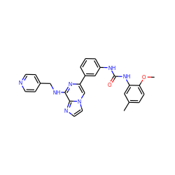 COc1ccc(C)cc1NC(=O)Nc1cccc(-c2cn3ccnc3c(NCc3ccncc3)n2)c1 ZINC000049033576