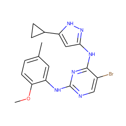 COc1ccc(C)cc1Nc1ncc(Br)c(Nc2cc(C3CC3)[nH]n2)n1 ZINC000203006251