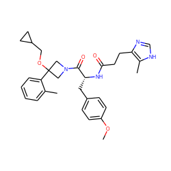 COc1ccc(C[C@@H](NC(=O)CCc2nc[nH]c2C)C(=O)N2CC(OCC3CC3)(c3ccccc3C)C2)cc1 ZINC000148887481