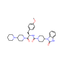COc1ccc(C[C@@H](NC(=O)N2CCC(n3c(=O)[nH]c4ccccc43)CC2)C(=O)N2CCC(N3CCCCC3)CC2)cc1 ZINC000084708730