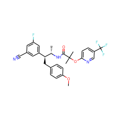 COc1ccc(C[C@@H](c2cc(F)cc(C#N)c2)[C@H](C)NC(=O)C(C)(C)Oc2ccc(C(F)(F)F)cn2)cc1 ZINC000028701760