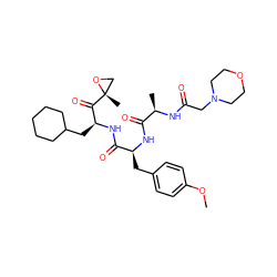 COc1ccc(C[C@H](NC(=O)[C@@H](C)NC(=O)CN2CCOCC2)C(=O)N[C@@H](CC2CCCCC2)C(=O)[C@@]2(C)CO2)cc1 ZINC000299829972